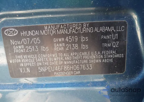 2006 Hyundai Sonata Gls V6/Lx V6 z USA, uszkodzony, nr VIN 5NPEU46F86H067633